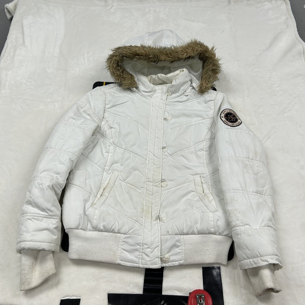 Apple Bottoms Puffer Jacket Womens M White Faux Fur Hood Quilted Zip Up F1